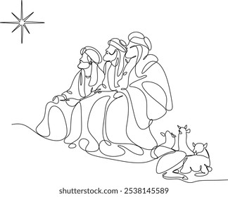 Merry Christmas shepherd and sheeps. Continuous one line drawing. Vector illustration. Hand drawn without artificial intelligence.