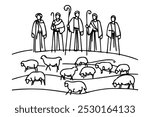 Merry Christmas shepherds and sheeps. Continuous one line drawing. Vector illustration