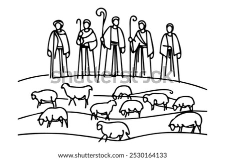 Merry Christmas shepherds and sheeps. Continuous one line drawing. Vector illustration