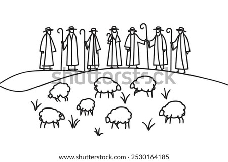 Merry Christmas shepherds and sheeps. Continuous one line drawing. Vector illustration