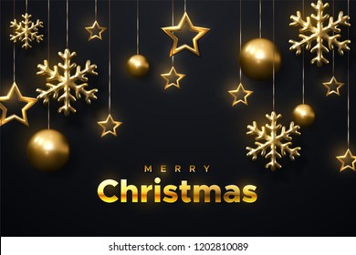 Merry Christmas. Shimmering golden snowflakes, christmas balls and stars on black background. Vector 3d illustration of hanging Xmas ornament. Cover or banner template. Winter holiday decoration.