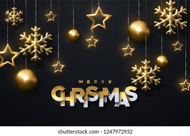 Merry Christmas. Shimmering golden snowflakes, christmas balls and stars on black background. Vector illustration of hanging ornament. Cover or banner template. Winter holiday decoration.