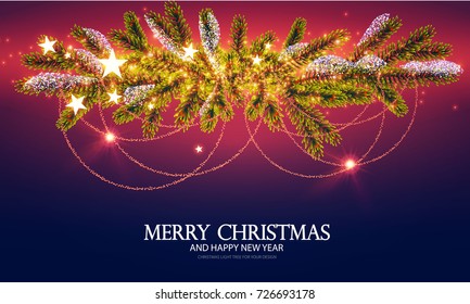 Merry Christmas Shining Background. Elegant New Year Decoration with Fir Tree Branches, Stars, Gold Garlands and Shining Lights. Vector illustration