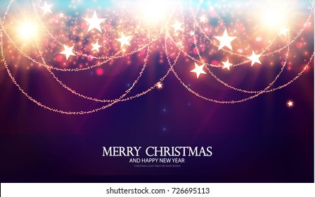 Merry Christmas Shining Background. Elegant New Year Decoration with Stars, Gold Garlands, Bokeh Effect and Shining Lights. Vector illustration