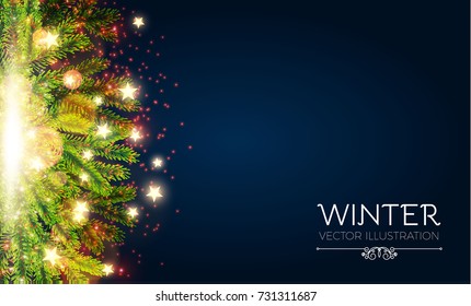 Merry Christmas Shining Background. Elegant New Year Decoration with Realistic Fir Tree Branches, Stars, Gold Garlands and Shining Lights. Vector illustration