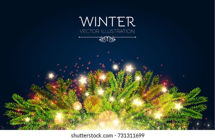 Merry Christmas Shining Background. Elegant New Year Decoration with Realistic Fir Tree Branches, Stars, Gold Garlands and Shining Lights. Vector illustration