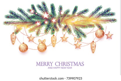 Merry Christmas Shining Background. Elegant New Year Decoration with Fir Tree Branches, Stars, Gold Garlands, Christmas Toys on White Background. Vector illustration