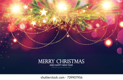 Feliz Navidad Brillante Antecedentes. Decoración elegante de Año Nuevo con Ramas de Árbol de Par, Estrellas, Jardines de Oro y Luces Luminosas. Ilustración del vector