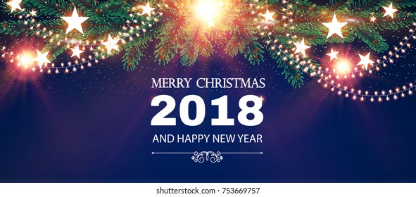 Merry Christmas Shining Background. Elegant New Year Decoration with Fir Tree Branches, Stars, Gold Garlands and Shining Lights on Blue Background. Vector illustration