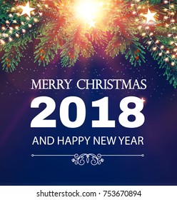 Merry Christmas Shining Background. Elegant New Year Decoration with Fir Tree Branches, Stars, Gold Garlands and Shining Lights on Blue Background. Vector illustration