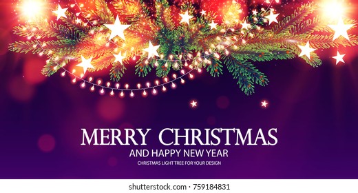 Merry Christmas Shining Background. Elegant New Year Decoration with Fir Tree Branches, Stars, Gold Garlands and Shining Lights on Purple Background. Vector illustration