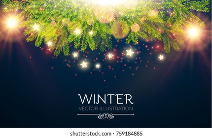 Merry Christmas Shining Background. Elegant New Year Decoration with Fir Tree Branches, Stars, Gold Garlands and Shining Lights. Vector illustration
