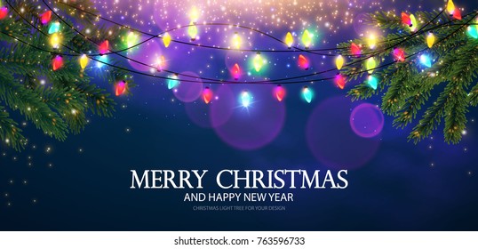 Merry Christmas Shining Background. Elegant New Year Decoration with Fir Tree Branches, Snow, Light Bulb Garlands and Shining Lights. Vector illustration