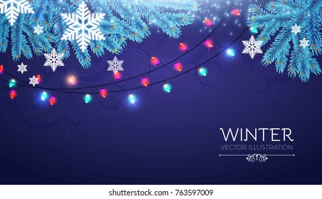 Merry Christmas Shining Background. Elegant New Year Decoration with Fir Tree Branches, Snow, Light Bulb Garlands and Shining Lights. Vector illustration