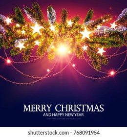 Merry Christmas Shining Background. Elegant New Year Decoration with Fir Tree Branches, Stars, Gold Garlands and Shining Lights.