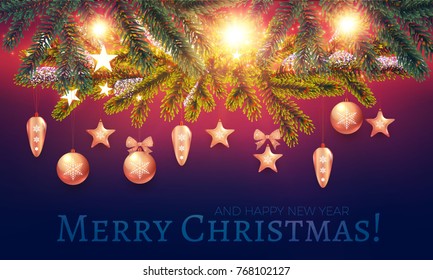 Merry Christmas Shining Background. Elegant New Year Decoration with Fir Tree Branches, Stars, Gold Garlands, Christmas Toys and Shining Lights. Vector illustration