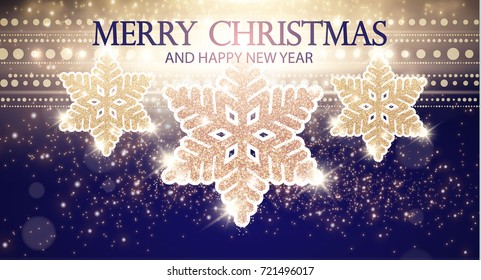 Merry Christmas Shining Background with Lights and Snowflakes. Vector illustration
