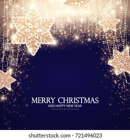 Merry Christmas Shining Background with Lights and Snowflakes. Vector illustration
