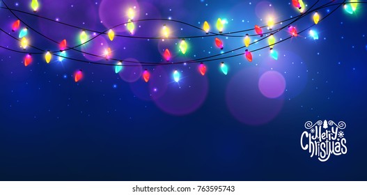 Merry Christmas Shining Backgroune with Colorful Light Bulb Garlands and Bokeh Effect. Vector illustration