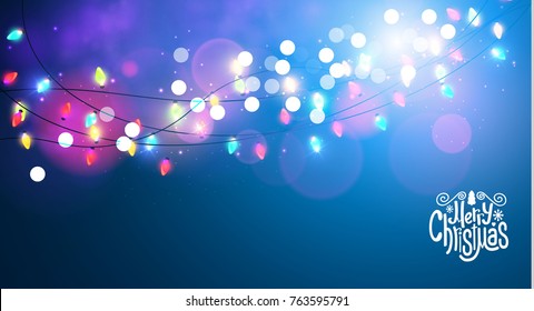 Merry Christmas Shining Backgroune with Colorful Light Bulb Garlands and Bokeh Effect. Vector illustration