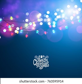 Merry Christmas Shining Backgroune with Colorful Light Bulb Garlands and Bokeh Effect. Vector illustration