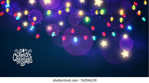 Merry Christmas Shining Backgroune with Colorful Light Bulb Garlands and Bokeh Effect. Vector illustration