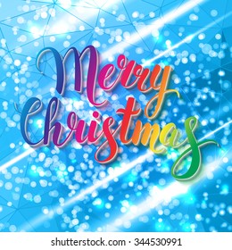 Merry Christmas. Shining bright blue background. Lights. Calligraphy. Lettering.