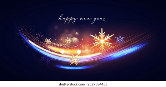 Merry Christmas shining celebration with motion light and gold snowflakes
