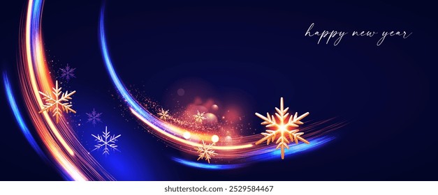 Merry Christmas shining celebration with motion light and gold snowflakes