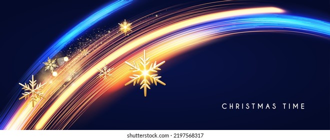 Merry Christmas shining celeration with motion light and gold snowflakes