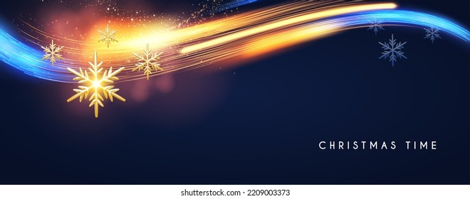 Merry Christmas shining celeration with motion light and gold snowflakes