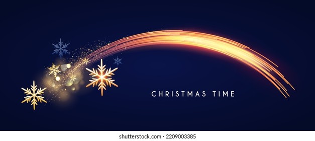 Feliz celebración navideña brillante con luz de movimiento y copos de nieve dorados
