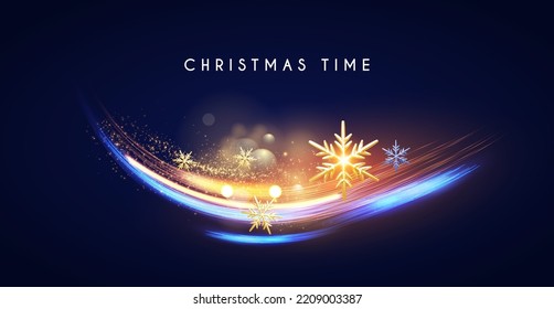 Merry Christmas shining celeration with motion light and gold snowflakes