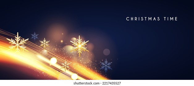 Merry Christmas shining celeration with motion light and gold snowflakes