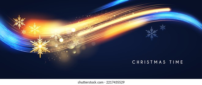 Merry Christmas shining celeration with motion light and gold snowflakes