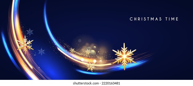 Merry Christmas shining celeration with motion light and gold snowflakes