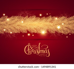 Merry Christmas! Shining holiday background with lettering, gold fir tree branches, stars and lights.