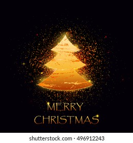 Merry Christmas. Shining Magic tree on bright confetti black  background. Design template for flyer, banner, invitation, congratulation, poster design. Vector. 