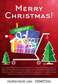 Merry Christmas Shopping Cart with Presents and Boxes New Year Sale Discount Flyer Poster Greeting Card Template Vector Illustration
