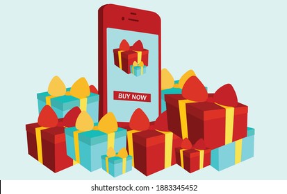 merry christmas with shopping online vector on mobile or phone.
icon buy and sell on internet and delivery store to home. shopping online illustration flat 
