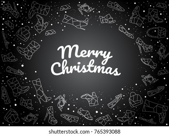 Merry Christmas shopping theme illustration for banners,greeting or gift cards, invites or website propagation shopping use. Dark background with silver modern simple polygonal icons of shoes and snow
