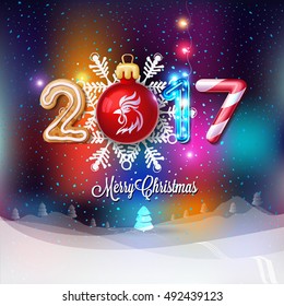 Merry Christmas sign 2017 decoration poster card. Happy New Year background and composition on a snowy field with Christmas trees and stars, garlands,candy canes, gingerbread and snowflakes.Vector