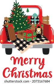 Merry Christmas sign with back of pick up truck and Christmas tree vector illustration