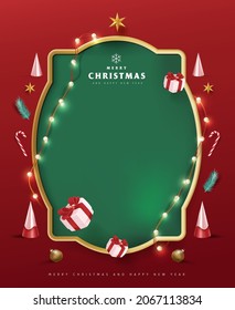 Merry Christmas sign banner frame with empty space and festive decoration on red background - Shutterstock ID 2067113834