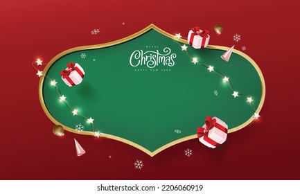 Maravilloso marco de pancarta navideño con espacio vacío y decoración festiva sobre fondo rojo