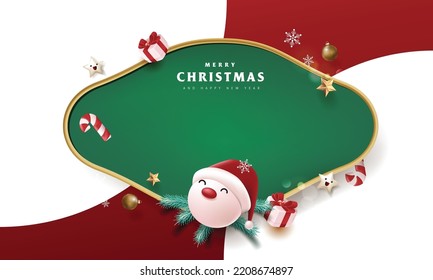 Merry Christmas sign banner frame with empty space and festive decoration on red background