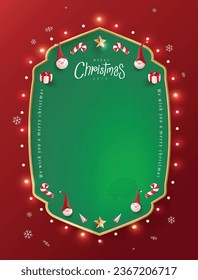 Merry Christmas sign banner frame with empty space and festive decoration on red background