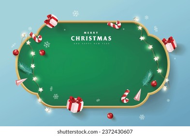 Merry Christmas sign banner frame with empty space and festive decoration on blue background