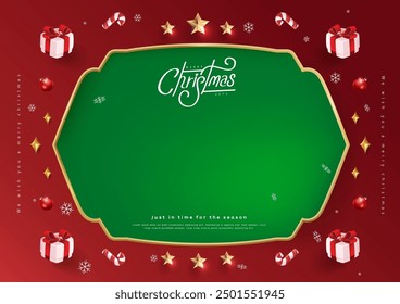 Merry Christmas sign banner frame with empty space and festive decoration on red background