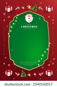 Merry Christmas sign banner frame with empty space and festive decoration on red background